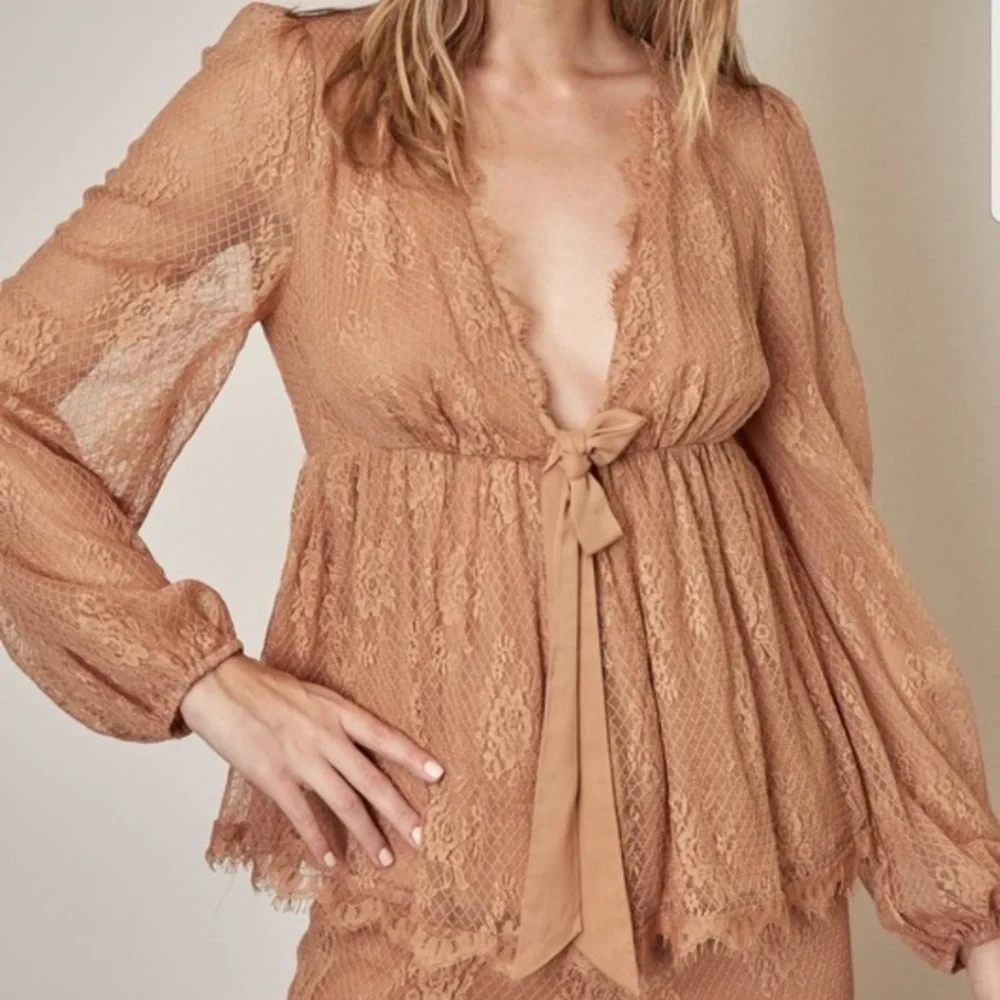 Carmel Floral Lace V Neck Babydoll Top + High Waist Flare Pants Matching Set - Picture 6 of 10